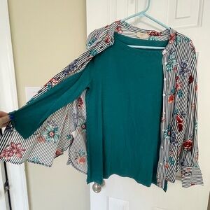 Loft Floral Striped button up top with 3/4 length teal cotton shirt - 2 pieces